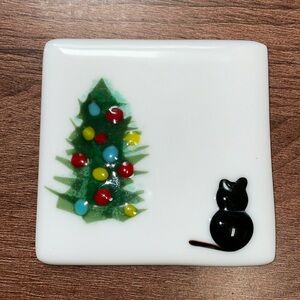 Fused glass tile trivet Christmas Tree Black Cat 3.5” Lights